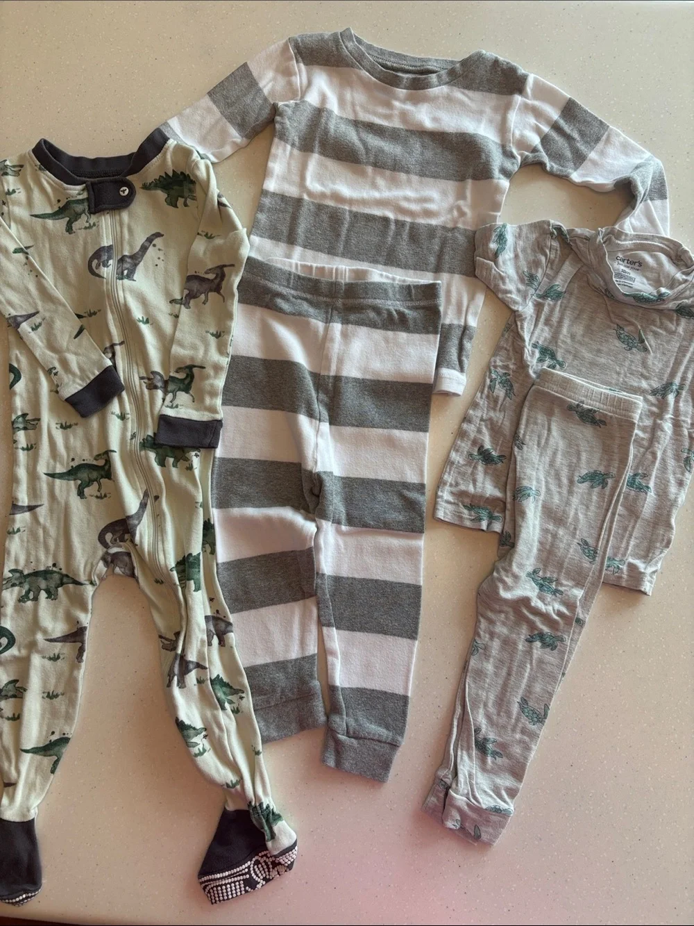 Toddler Gray & White Striped Pajama Set, 1-pc dino sleeper, 2-pc turtle set